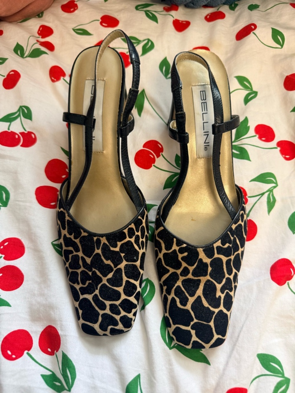 Y2K Bellini Black and Tan Giraffe-Print Slingback Heels
